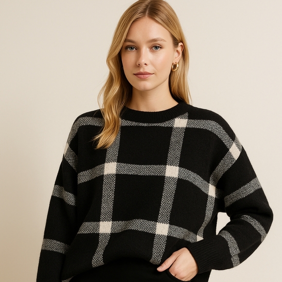 Anne Klein Black & White Windowpane Sweater - Picture 1 of 15